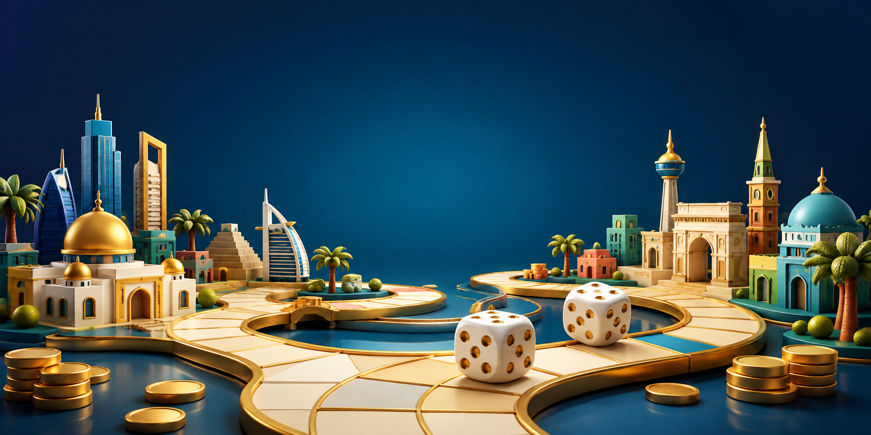 Millionaire game board with dice, landmarks and money